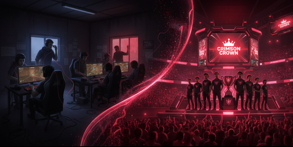 An artistic depiction of gamers starting in a small room and ending up on a large esports stage, representing the journey of Crimson Crown.