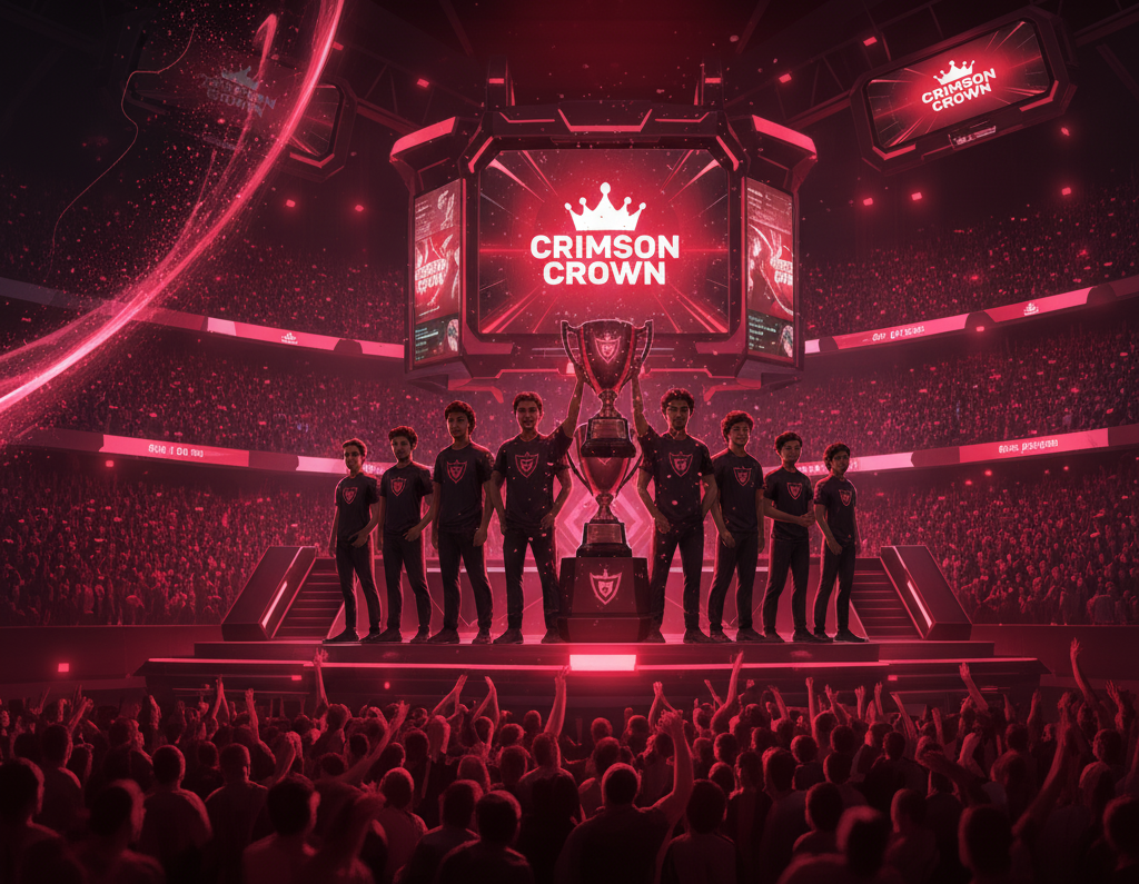 A grand esports arena filled with fans, with the Crimson Crown logo on the main screen, representing the organization's vision.